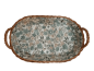 Preview: Tablett Weidentablett 2 Griffe oval klein floral grün