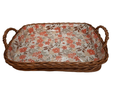 Tablett Weidentablett 2 Griffe rechteckig klein Floral orange