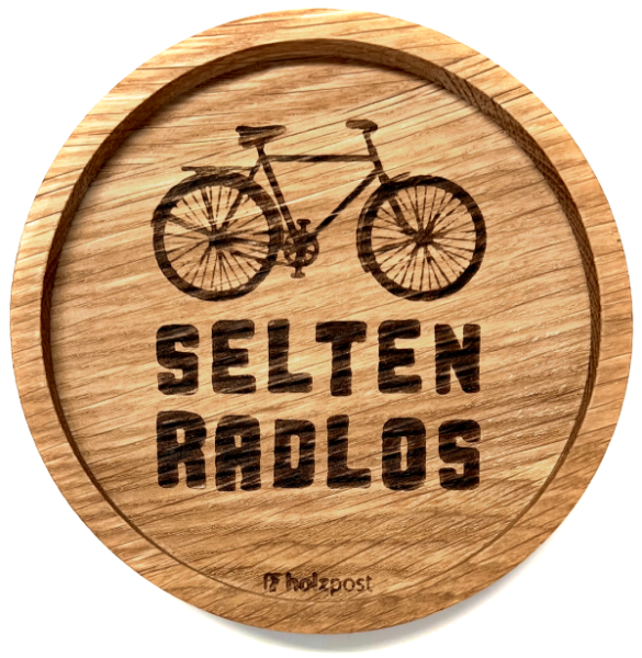 Holzpost Untersetzer aus Eiche "Selten Radlos"