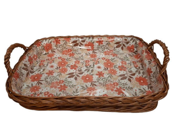 Tablett Weidentablett 2 Griffe rechteckig klein Floral orange